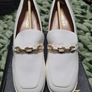 White Loafers with Gold Chain Detail